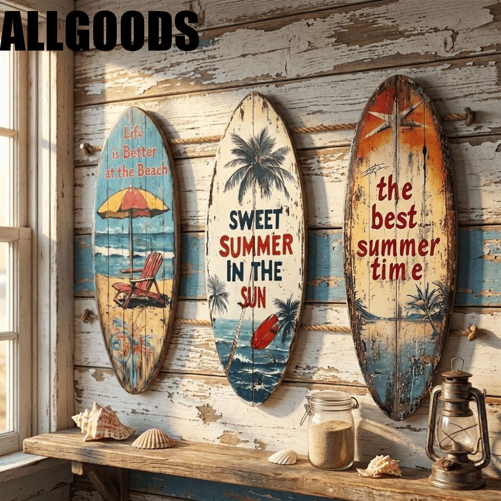 ALLGOODS ไม้กระดานโต้คลื่น Wall Decor, ฤดูร้อน Beach Themed กระดานโต้คลื่นแขวนผนัง, Tropical Ocean สีสันต้นปาล์มร่ม Beach Decor Wall Art เทศกาลตกแต่ง