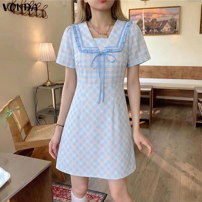 VONDA ผู้หญิงเกาหลีหวานสไตล์วิทยาลัยปกแขนสั้น Tie-Up Bows ลายสก๊อต A-Line ชุดเดรสสายเดี่ยว — صورة 6