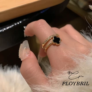 PLOYBRIL COD💖แหวนเปิดนิ้วรูปดอกโคลเวอร์สี่แฉกสองชั้นสำหรับผู้หญิง แหวนนิ้วชี้อเนกประสงค์หรูหรา J038