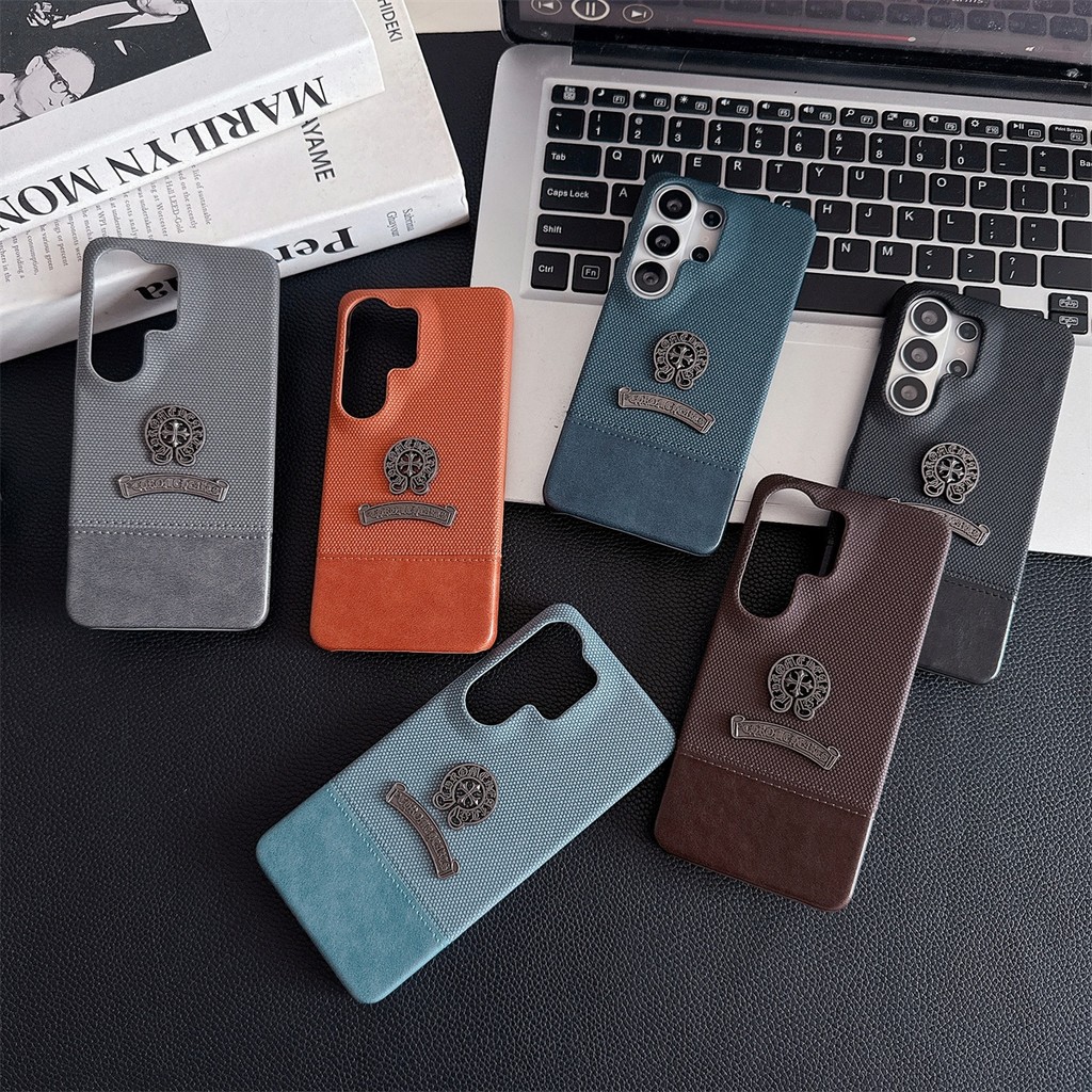 Chrome Badge PU Splice หนังสําหรับ Samsung Galaxy S23 S24 S25 S26 Ultra กันกระแทกฝาครอบป้องกัน