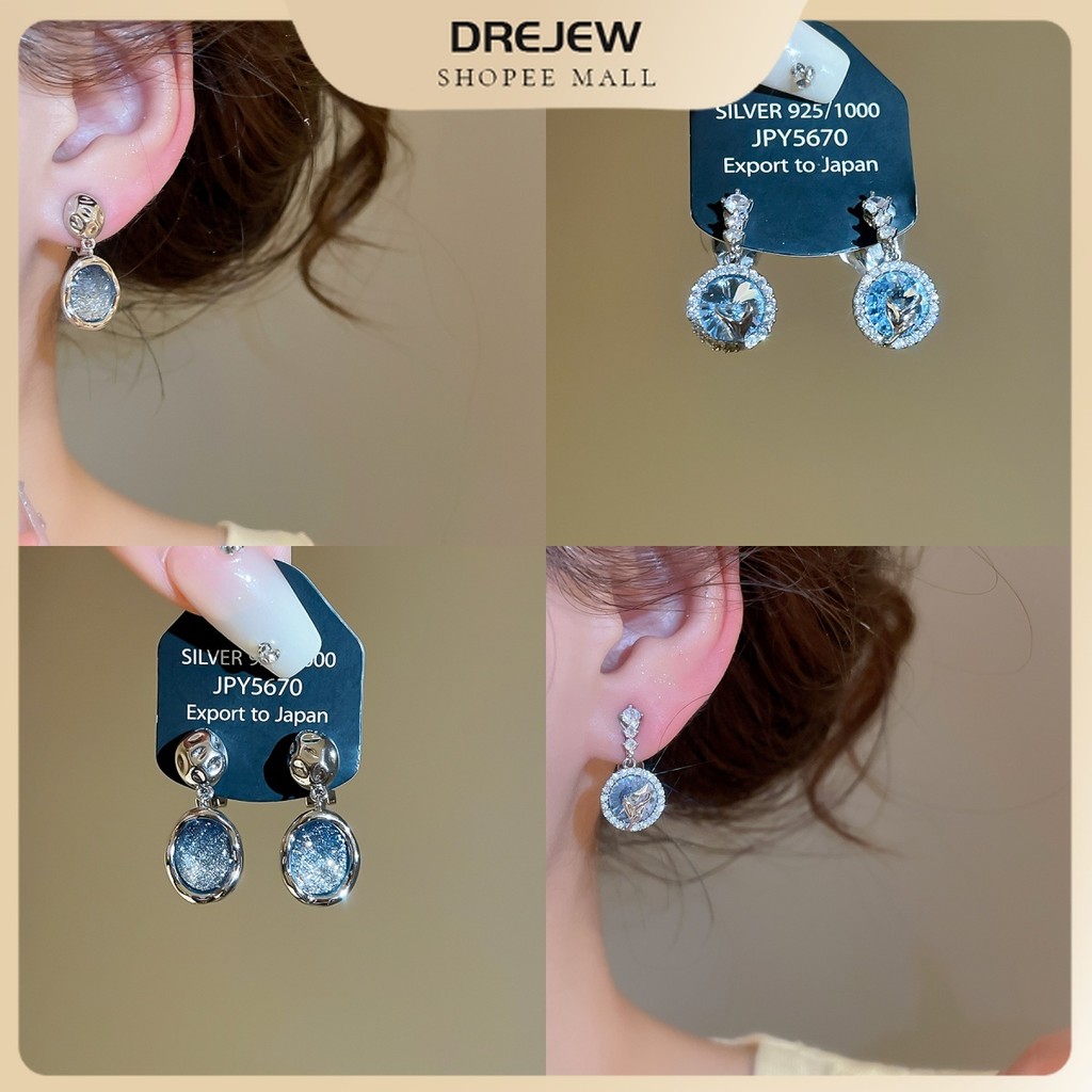 DREJEW ต่างหูหนีบไม่ต้องเจาะหู หยดน้ำสีฟ้าคริสตัล เหมาะประจำวันไปทำงานงานแต่งงานไปเที่ยว
