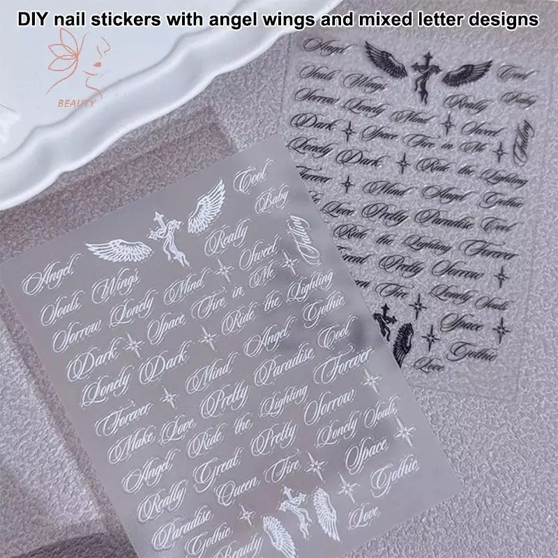 [maybeauty] 3D ตัวอักษรตัวอักษรเล็บ Stiers ปีกนางฟ้าสีขาวดีไซน์ผสม Decals อุปกรณ์เพ้นท์เล็บสําหรับบ้านและร้านทําผม {TH}