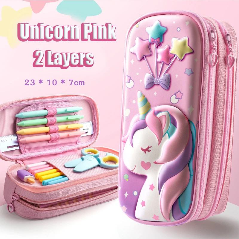 3D Kawaii Unicorn ดินสอ Double Layer EVA ปากกากระเป๋าขนาดใหญ่ความจุน่ารักเครื่องเขียนกล่องอุปกรณ์การเรียนเด็กผู้หญิงของขวัญ