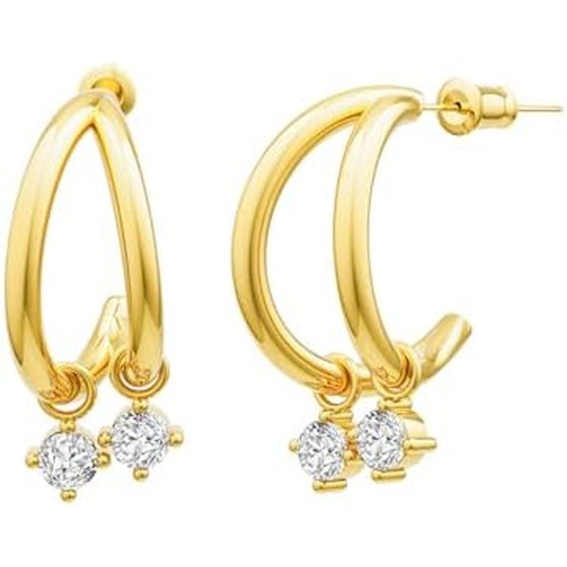 Chunky Gold Hoop Earrings for Women, Trendy 14K Gold Plated Gold/Silver Chunky Hoop Earrings Double 
