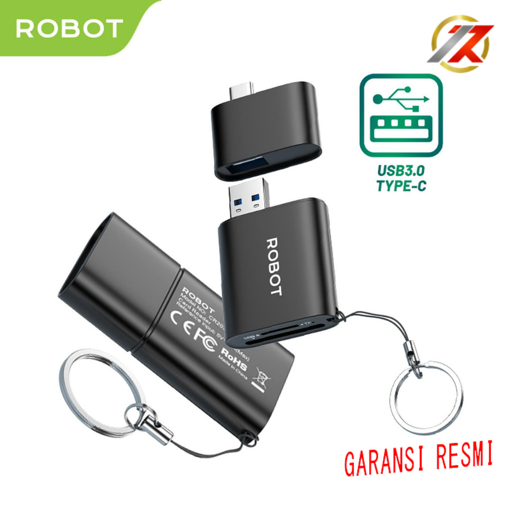 ROBOT CR203 เครื่องอ่านการ์ดสีดํา SD Card & Micro SD Card Dual Port 2 in 1 USB C ถึง USB A