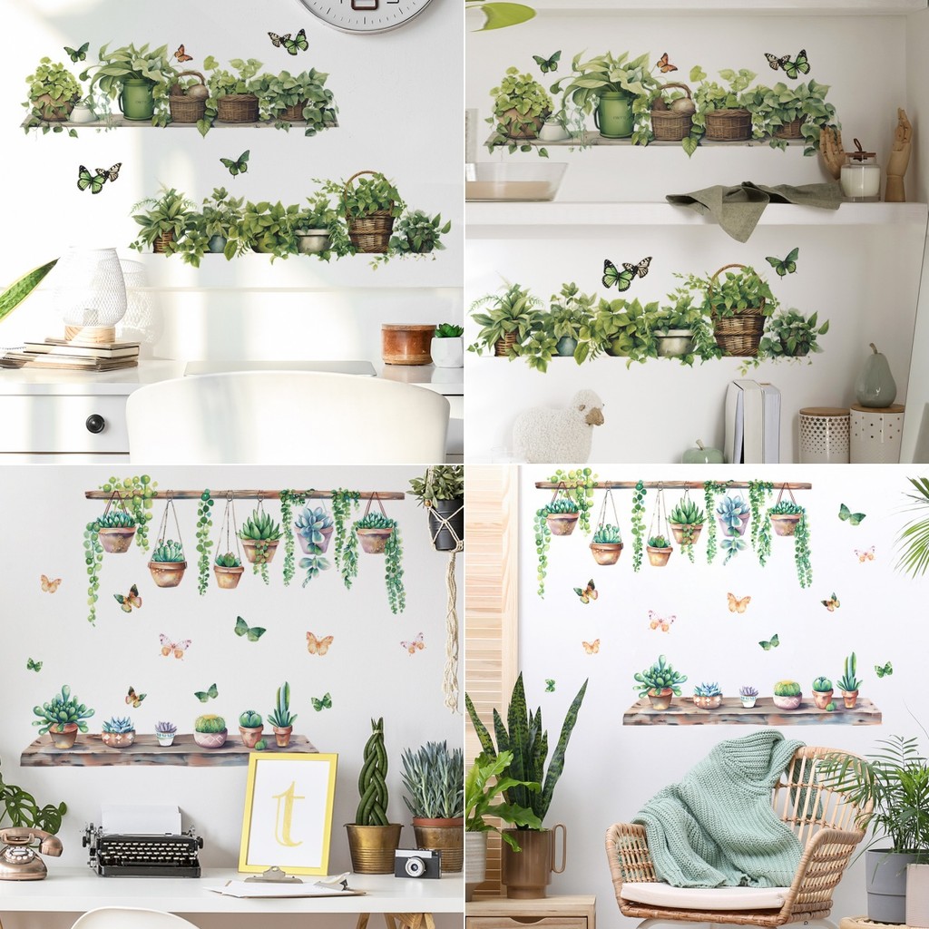 ทาสีชั้นวางไม้ที่มีกระถางต้นไม้สีเขียว Pothos Leaves PVC Self กาวสติ๊กเกอร์ติดผนังสําหรับห้องนั่งเล่นตกแต่งห้องนอน