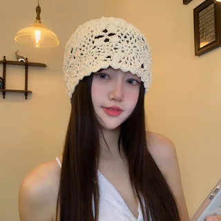 LUXE GIRL หมวกเป่าโถว หมวกถัก ดอกไม้กลวง ฤดูร้อนสไตล์บาง หวานญี่ปุ่น ทอมือ แฟชั่น ระบายอากาศ