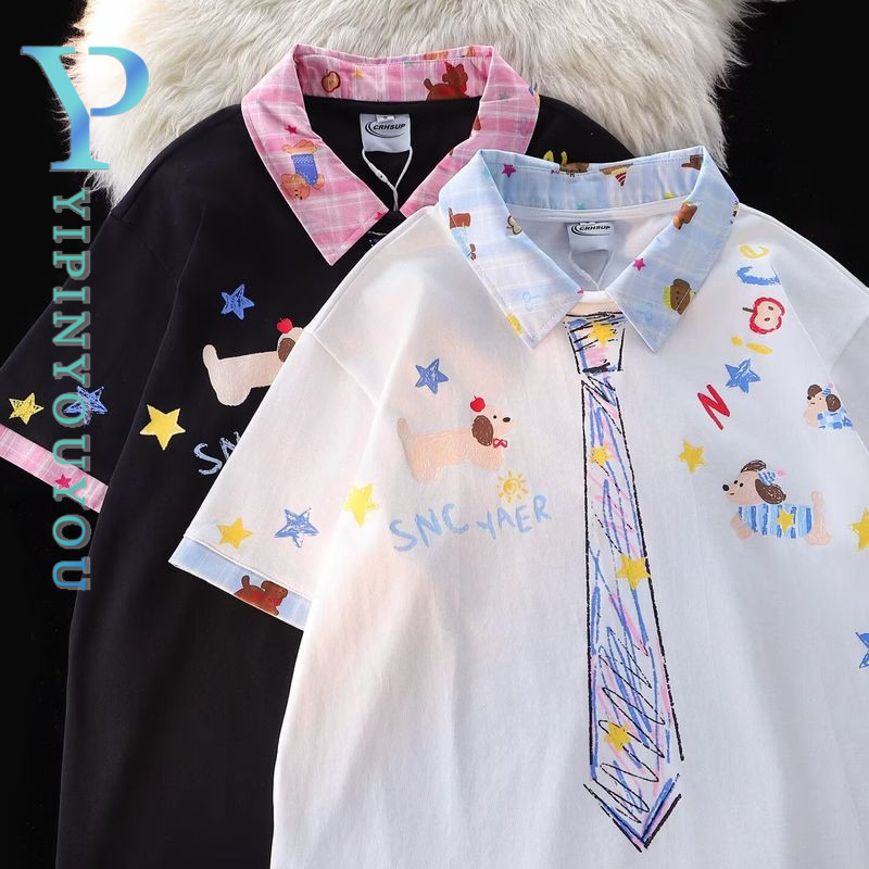 อี้ปินยูยู ใหม่เสื้อโปโลแขนสั้นสไตล์อเมริกันย้อนยุควิทยาลัยสไตล์คุณภาพสูงสไตล์เป็นกลาง