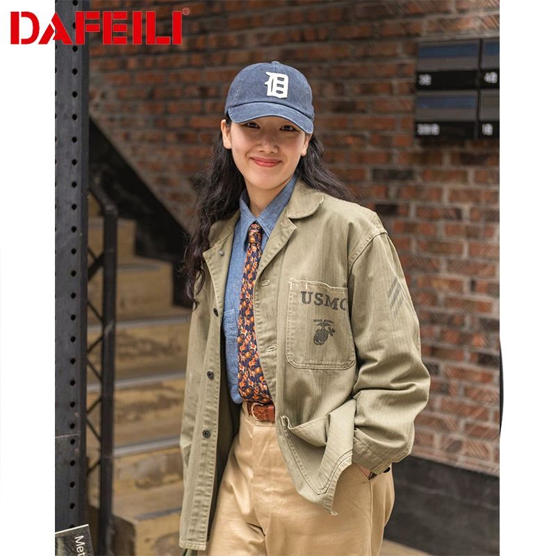P 41 Workwear เสื้อแจ็คเก็ตลายก้างปลาอเมริกันย้อนยุคสไตล์ทหาร USMC เสื้อแจ็คเก็ต Ami สีกากีเสื้อผู้ช