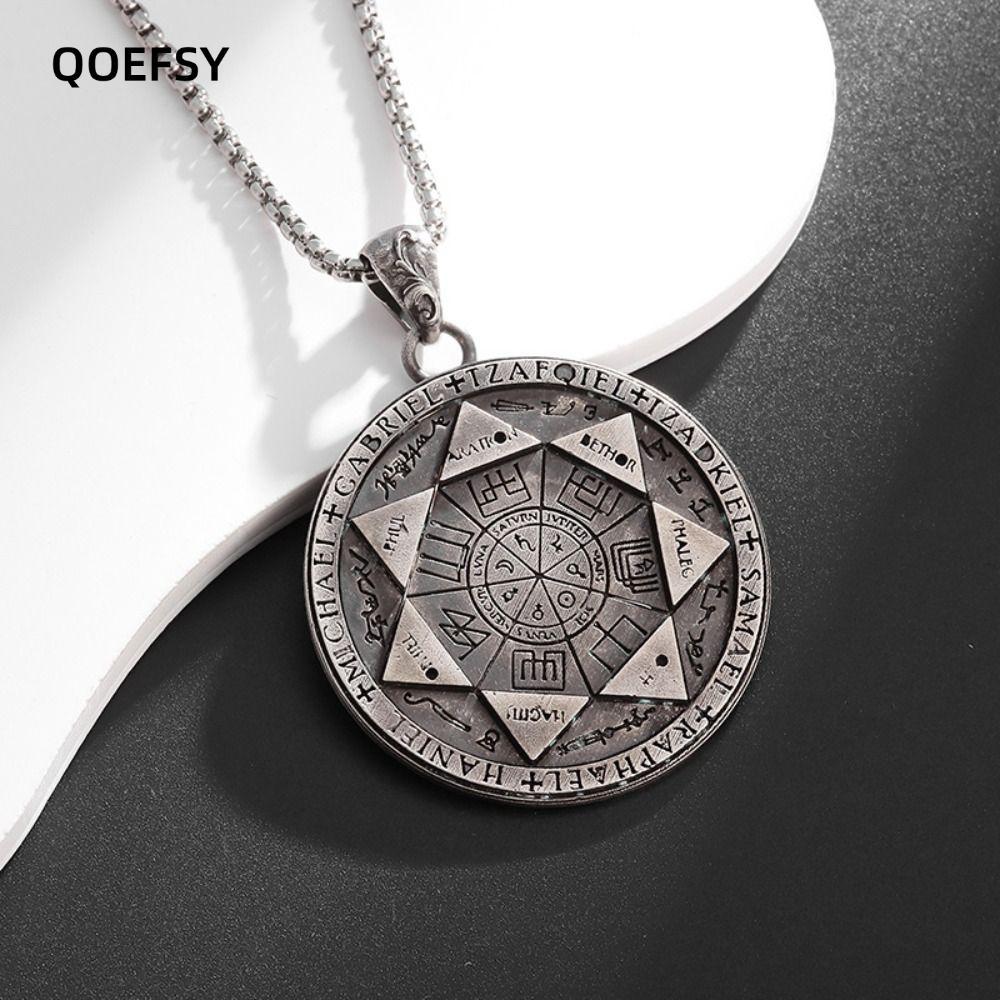 QOEFSY Solomon Amulet Necklace, Hip Hop Jewelry Amulet 7 Archangels Seal Pendant, Occulting Stainles