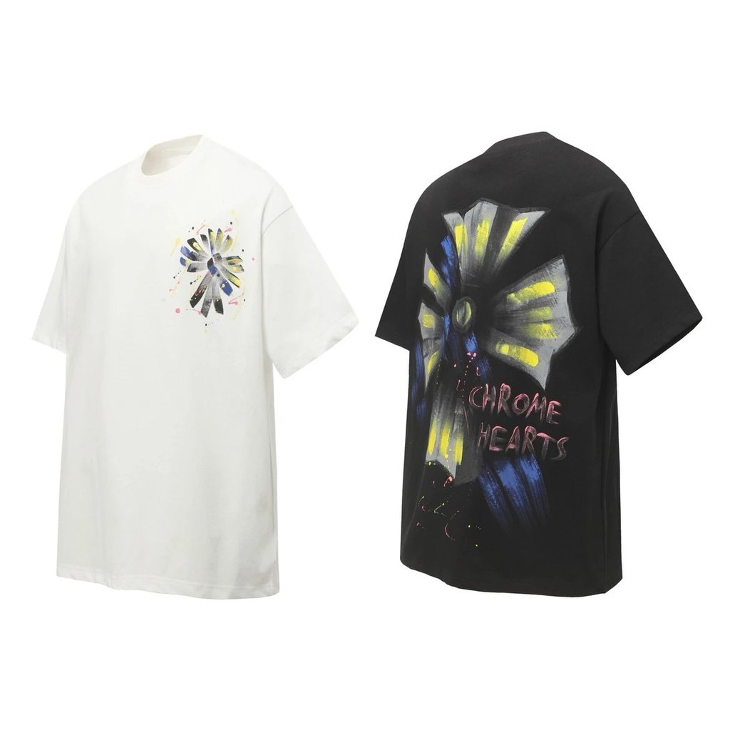 Chrome Hearts CH Chrome Hearts Painted Cross เสื้อยืดแขนสั้นพิมพ์ลายวาดด้วยมือ