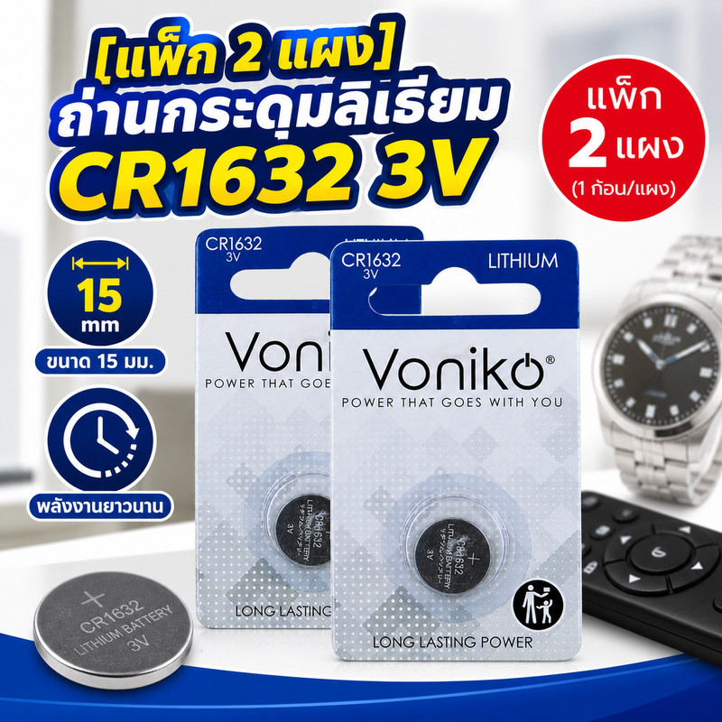 [แพ็ก 2 แผง] VONIKO ถ่านกระดุมลิเธียม CR1632 3V (1 ก้อน/แผง) ขนาด 15 มม. สำหรับนาฬิกา/รีโมท/อุปกรณ์อิเล็กทรอนิกส์
