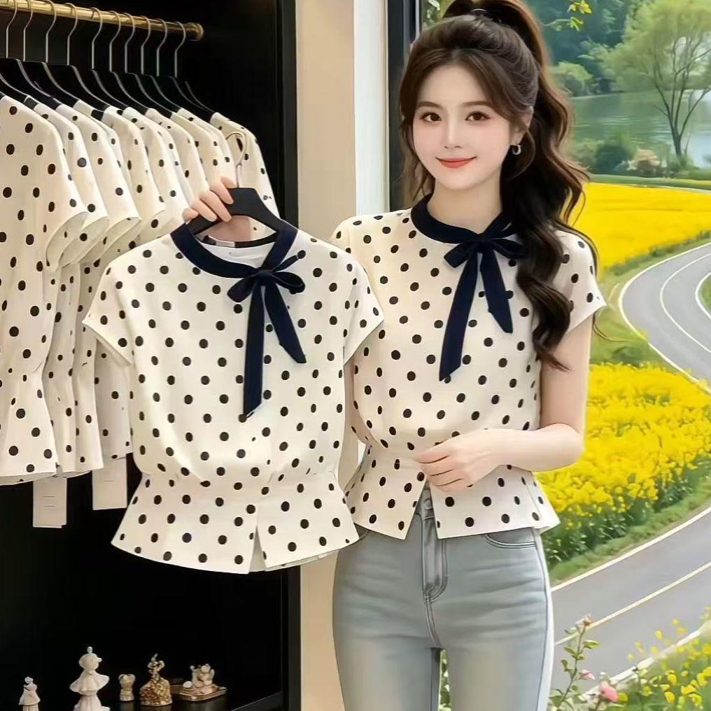 [GLAM] เสื้อเชิ้ตแขนสั้นลายจุดโบว์สไตล์เกาหลีผู้หญิงฤดูร้อนเก๋เสื้อเชิ้ตเอวแคบด้านบนที่สวยงามสุด