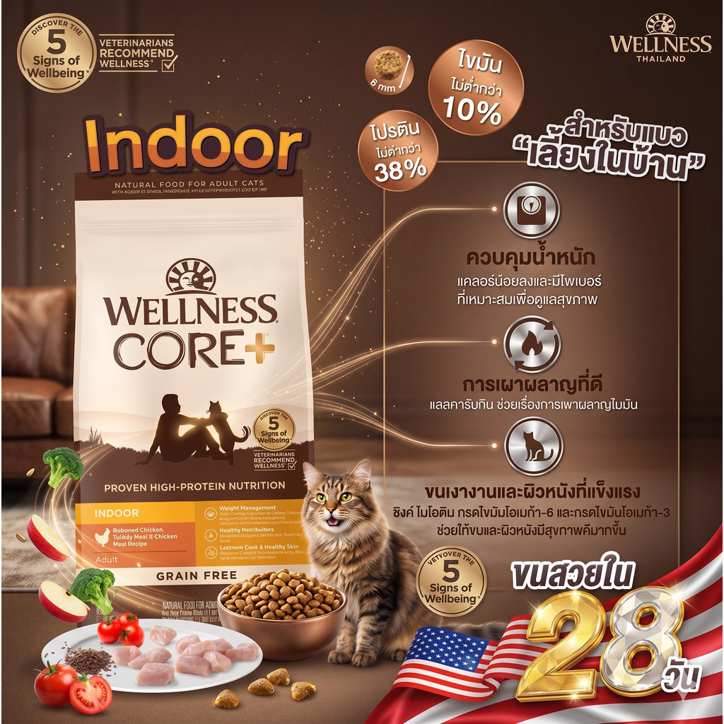 WELLNESS CORE Indoor อาหารเม็ด สำหรับแมวทุกสายพันธุ์ทุกช่วงวัย สูตรแมวเลี้ยงในบ้าน ขนาด 2.2 กิโลกรัม