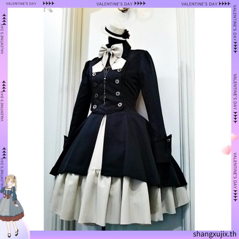 Women Vintage Gothic Lolita Cosplay Costume Dress Bow Tie Button Long Sleeve Party Dress