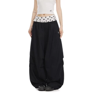 American Polka Dot Contrast Color Stitching Overalls ผู้หญิงหลวมกางเกงกีฬาขากว้าง