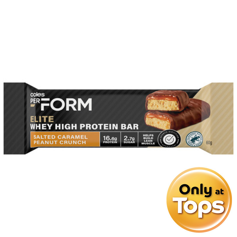 โคลส์ซอลท์เต็ดคาราเมลพีนัทครั้นช์โปรตีนบาร์ 60ก Coles Salted Caramel Peanut Crunch Protein Bar 60g [