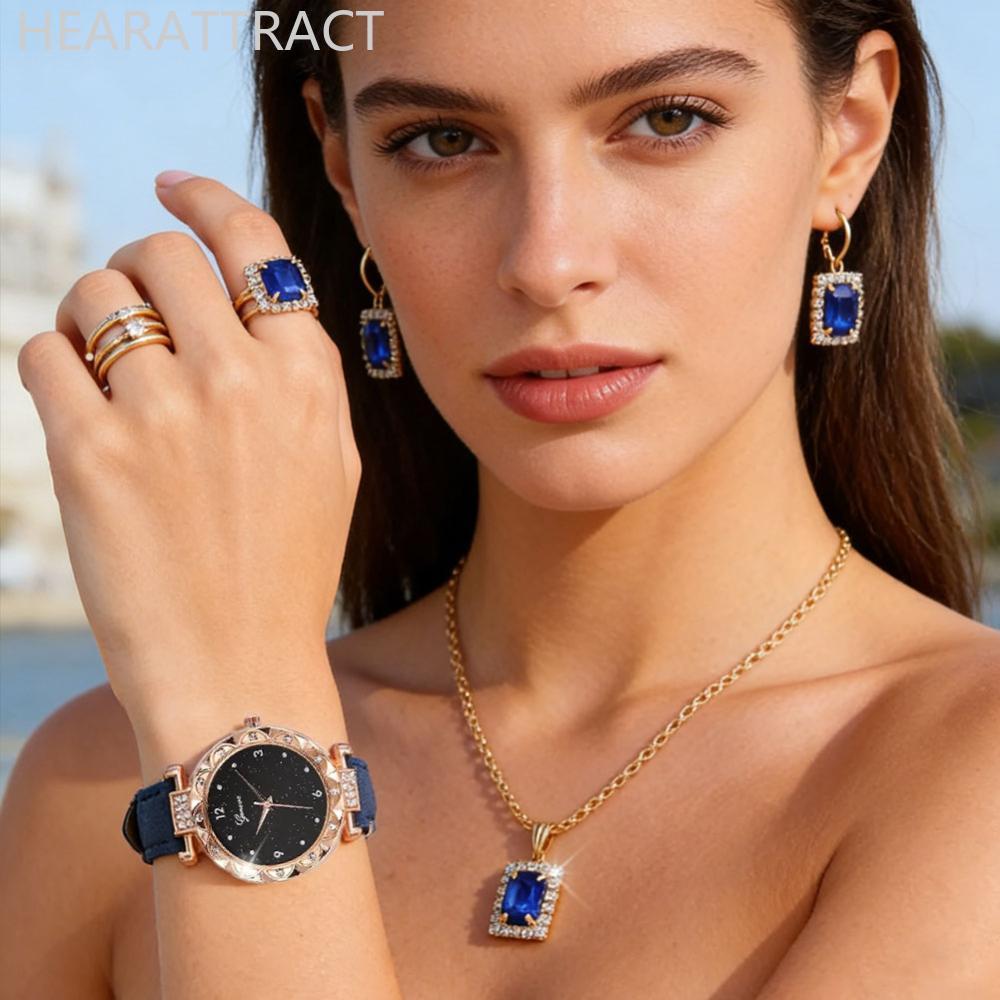 HEARATTRACT 5 ชิ้น Rhinestone ควอตซ์นาฬิกาสร้อยคอต่างหูชุดผู้หญิงนาฬิกาข้อมือเครื่องประดับของขวัญ R3
