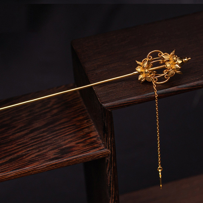 Hanfu อุปกรณ์เสริมเงินสเตอร์ลิง Gold-Plated Hairpin Ming Made Di Bun Palace สไตล์เก้าแหวนดีบุกติดขั้นตอนสั่น