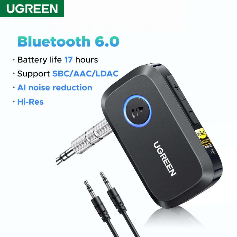 UGREEN ตัวรับสัญญาณบลูทูธพร้อมอะแดปเตอร์เสียงความละเอียดสูง LDAC BT 6.0 ตัวรับสัญญาณ AUX 3.5 มม.สําหรับลําโพง/ลําโพงแบบมีสาย/สเตอริโอ