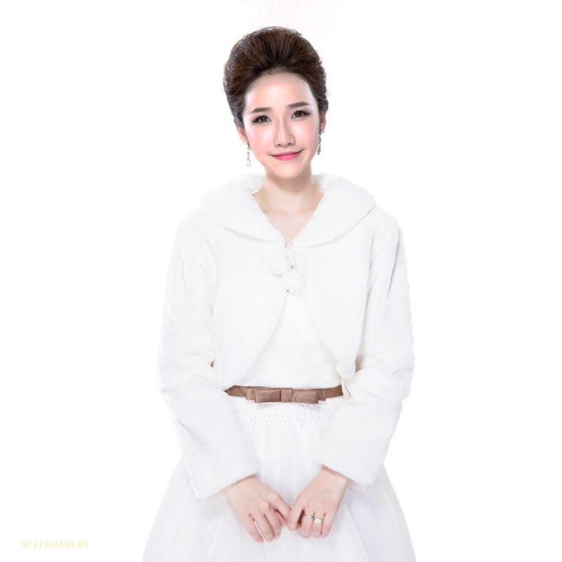 SJT Womens Lady Faux Fur แขนยาวผ้าคลุมไหล่คอปก Pompom Lace Up Whi