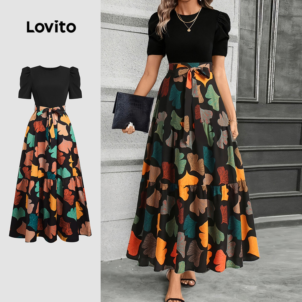 Lovito เดรสลําลองสําหรับผู้หญิง ไลน์โครงสร้างเสื้อผ้าสําหรับฤดูใบไม้ผลิ/ฤดูร้อน LK4LD286