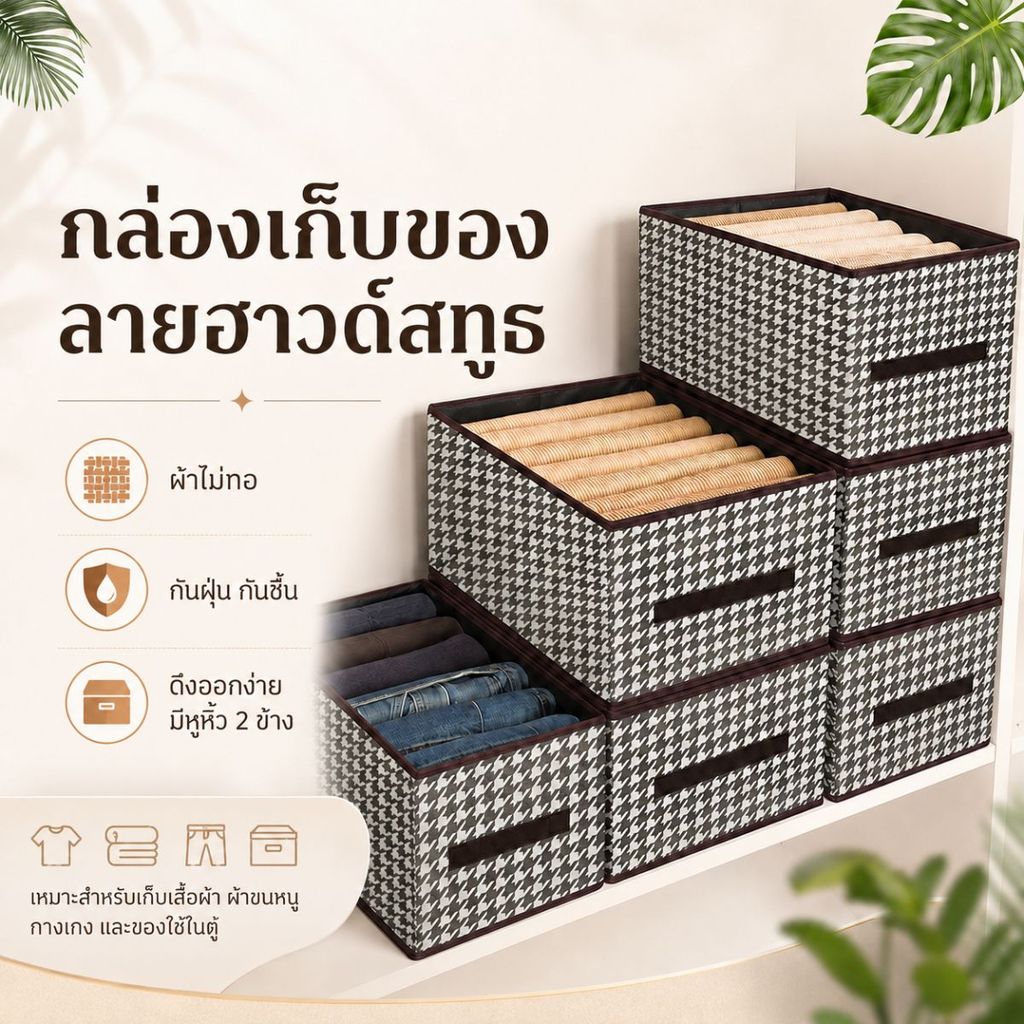 Hithome [พร้อมส่ง] กล่องเก็บเสื้อผ้า กล่องจัดระเบียบตู้เสื้อผ้า ลายชิโนริ แข็งแรง มีแผ่น PP ไม่ย้วย พับได้
