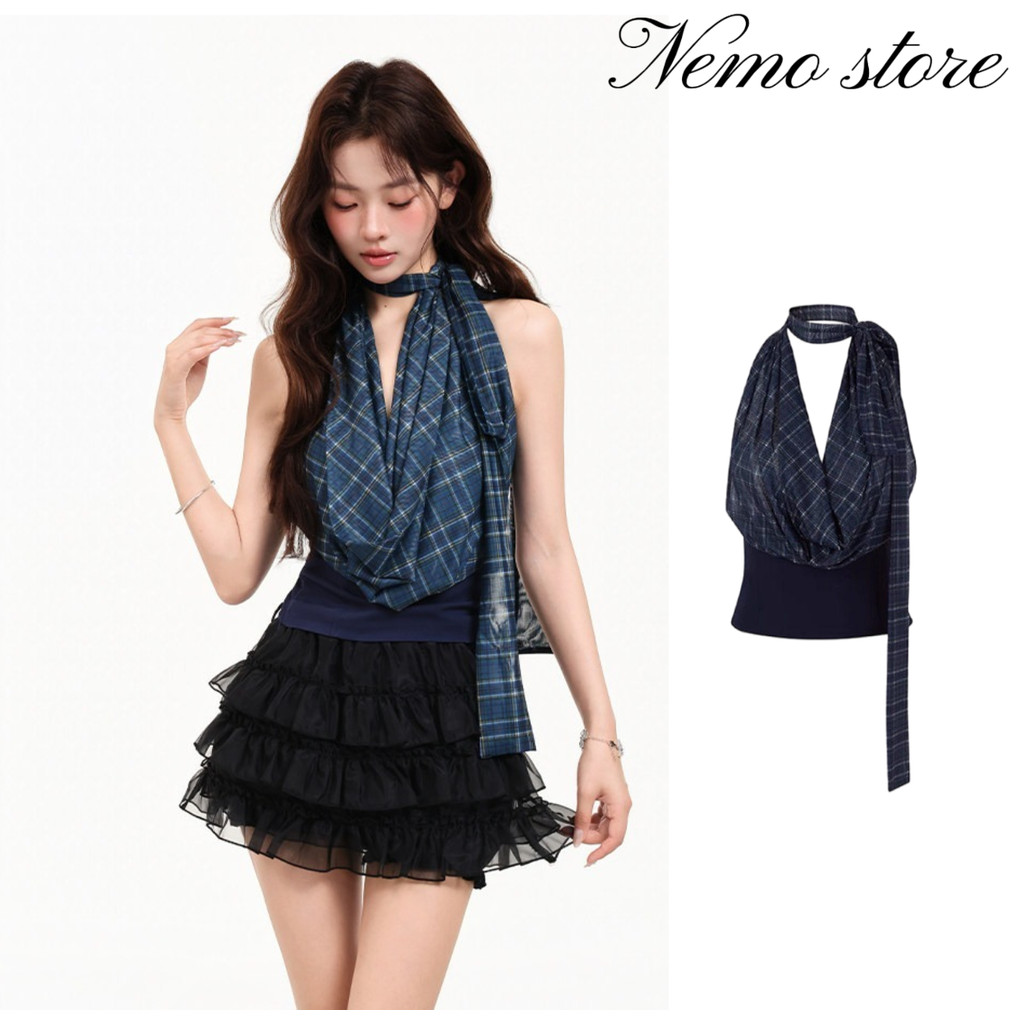 Nemo #(FY5136#1)เสื้อสายเดี่ยวแบบเปิดหลังสไตล์เกาหลี ลายสก็อตสีน้ำเงิน ผ้านุ่มสบาย ทรงเข้ารูป ใส่ได้ในชีวิตประจำวัน