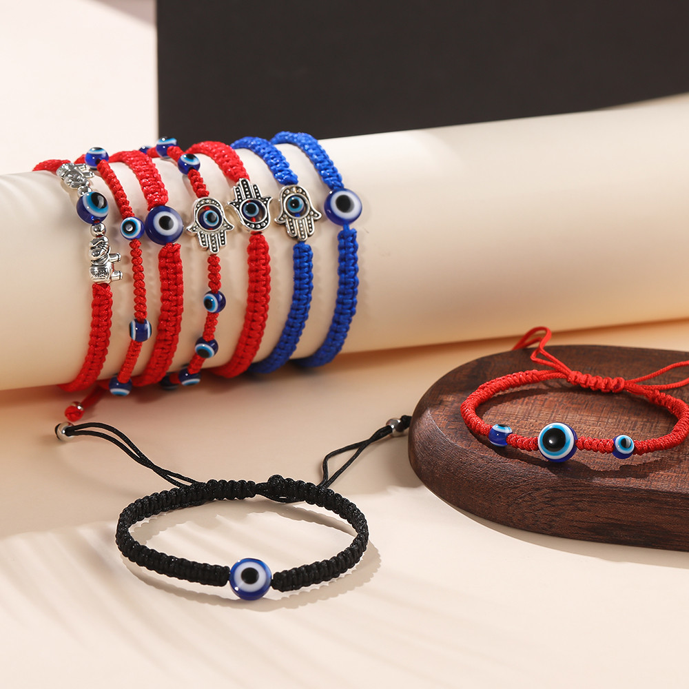สร้อยข้อมือเชือกถัก 1ชิ้น จี้ดวงตาปีศาจ Evil Eye นำโชค ปรับขนาดได้ สร้อยข้อมือแฮนด์เมด สไตล์โบฮีเมียน