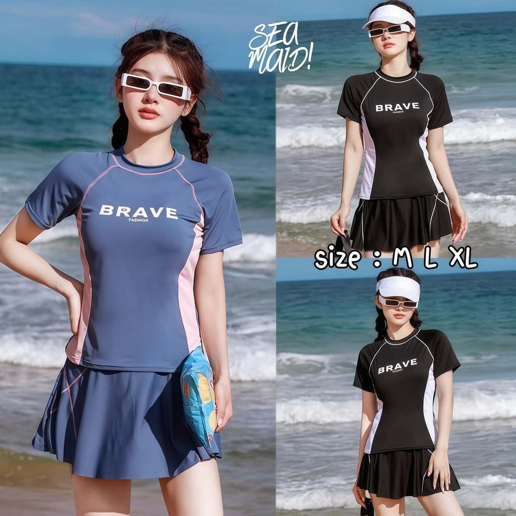 SEA MAID ชุดว่ายน้ำกระโปรง ชุดว่ายน้ำเซ็ท2ชิ้น ชุดเล่นน้ำแขนสั้น มีไซส์ M-XL | น้ำหนัก 40-65 กก. ใส่สบายน Y233
