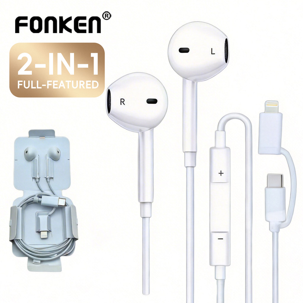 Fonken 2in1 หูฟังแบบมีสายประเภท C + IOS หูฟังชนิดใส่ในหู Aple ฟังแบบมีสาย Type C