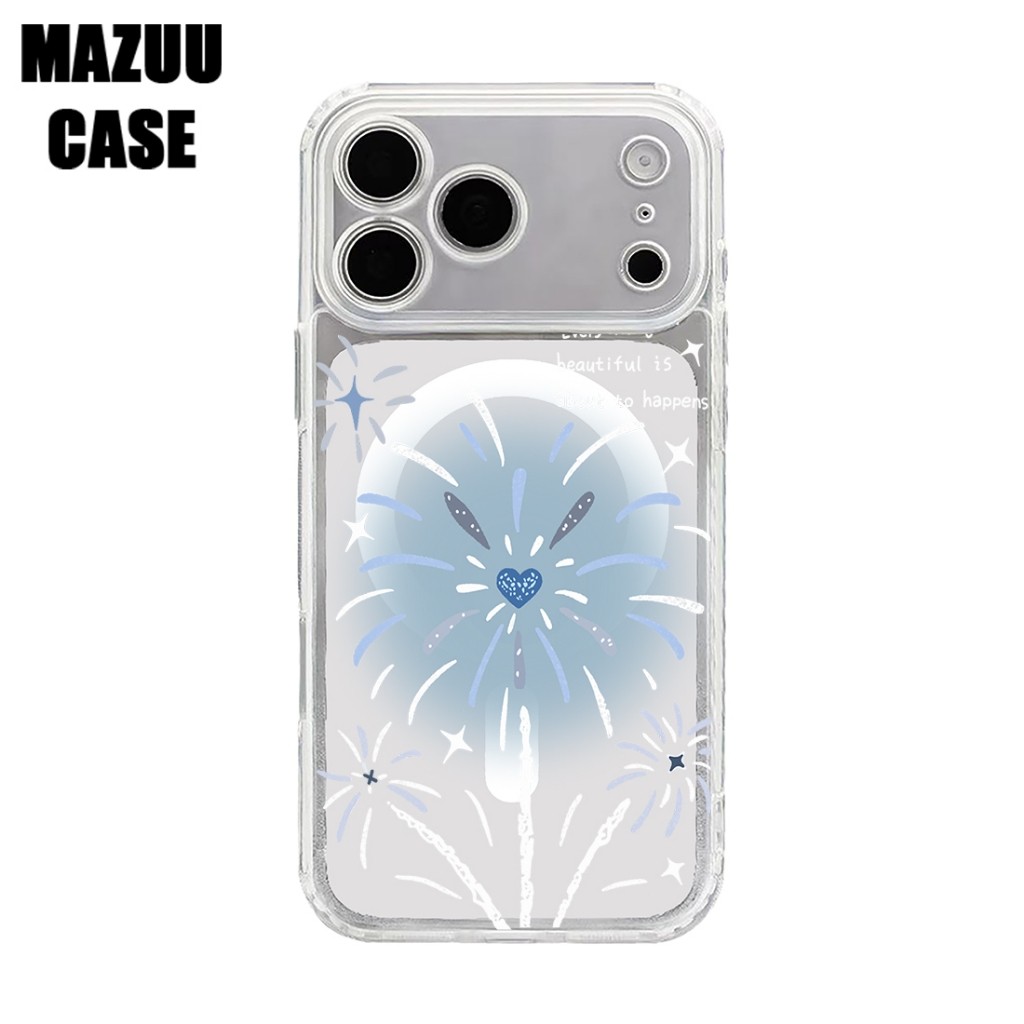 เคสไอโฟน แม่เหล็กใส TPU ครอบเลนส์เต็มตัว ลายดอกไม้ไฟสีน้ำเงินพร้อมหัวใจกลาง iPhone 17 16 15 14 13 12 11 Pro Max Plus