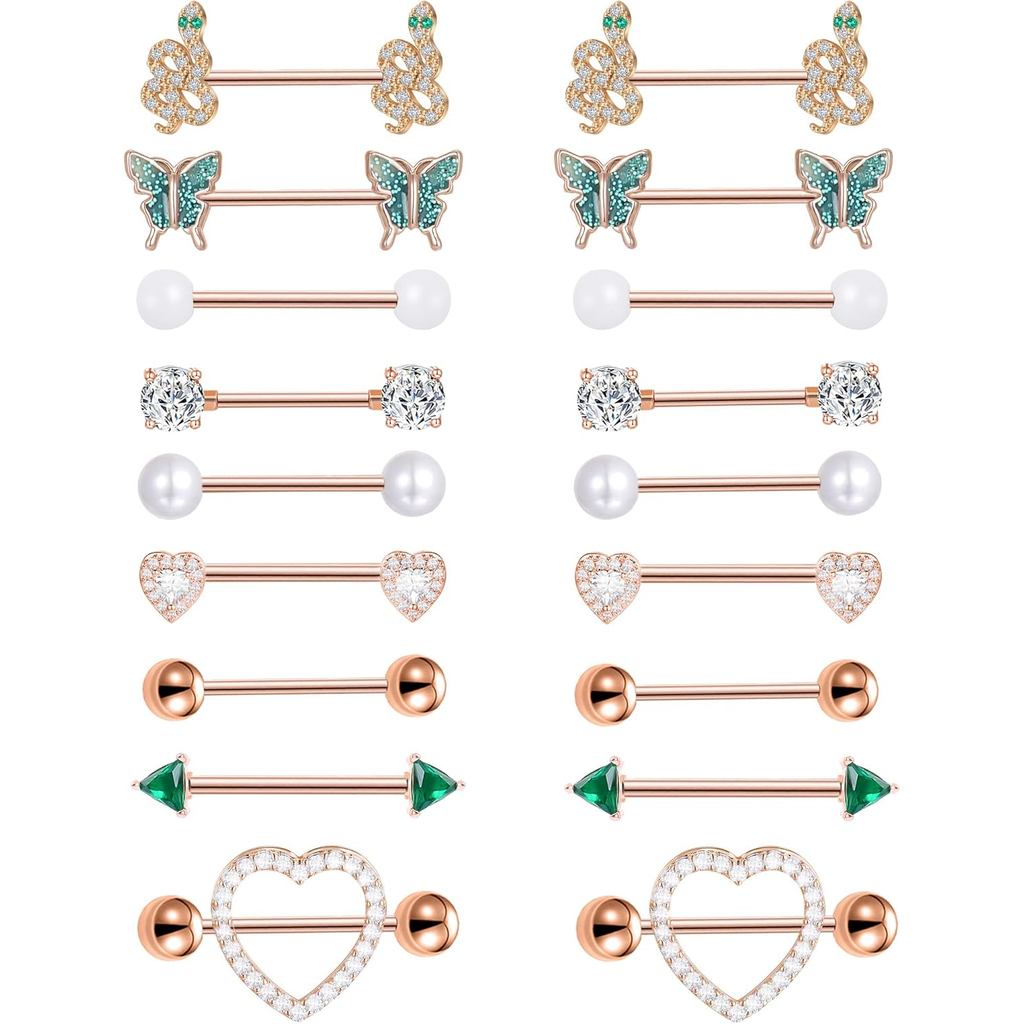 Torneito 9 คู่แหวนจุกนม 14G สแตนเลสหัวใจผีเสื้องู Ball Emerald สามเหลี่ยม CZ Barbell แหวนลิ้นชุดน่าร