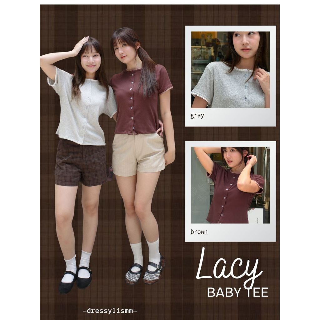 LACY BABY TEE เสื้อยืดทรงbabytee แบบกระดุมกลางเเต่งขอบลูกไม้ | dressylismm