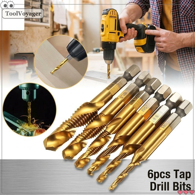 Tap Drill Bits ชุด 6 ชิ้น M3-M10 HSS ไทเทเนียมเคลือบเกลียวขลุ่ยสนิมเครื่องใช้เจาะ