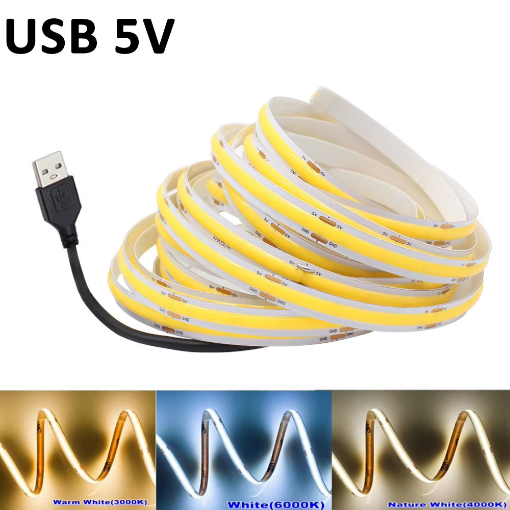 5V USB COB LED Strip Light Warm สีขาวธรรมชาติสีขาวเย็นสีขาวยืดหยุ่นเข็มขัด 2pin 8 มม.สําหรับห้องนอนห้องนั่งเล่นตกแต่งบ้าน