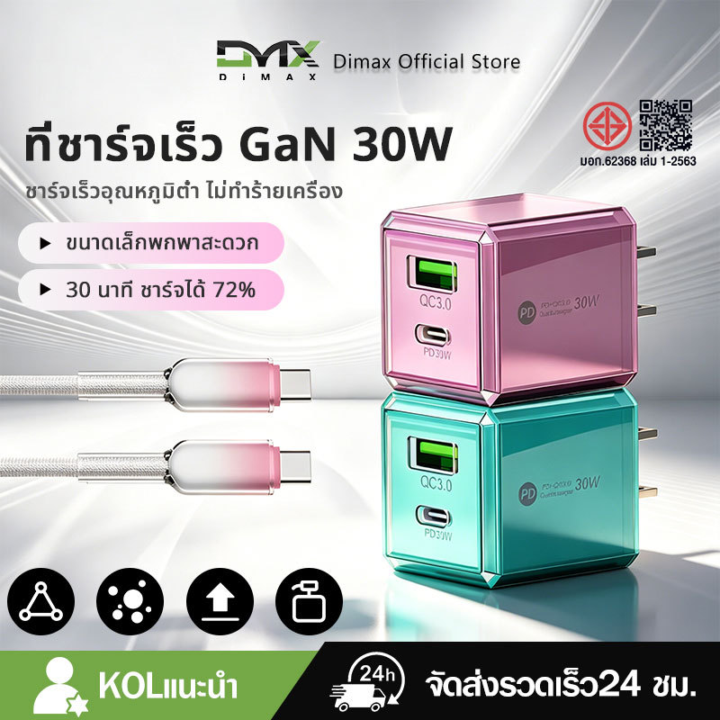 ที่ชาร์จเร็ว GaN 30W PD 2 พอร์ต USB+Type-C ขนาดเล็กพกพาสะดวก เลือกได้ 4 สีสุดชิค สำหรับ Phone15-17/Android  รับประกัน 1.