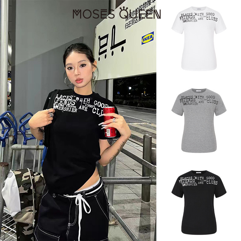 MOSESQUEEN เสื้อยืดแขนสั้นพิมพ์ลายตัวอักษร ทรงหลวม สวมใส่ง่าย เหมาะสำหรับหลายโอกาส #63674