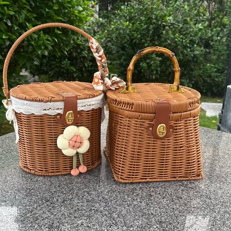 Imitation Rattan Knitted Basket Hand Gift Cabas Outdoor Picking Picnic Basket Cute Storage Basket Ra