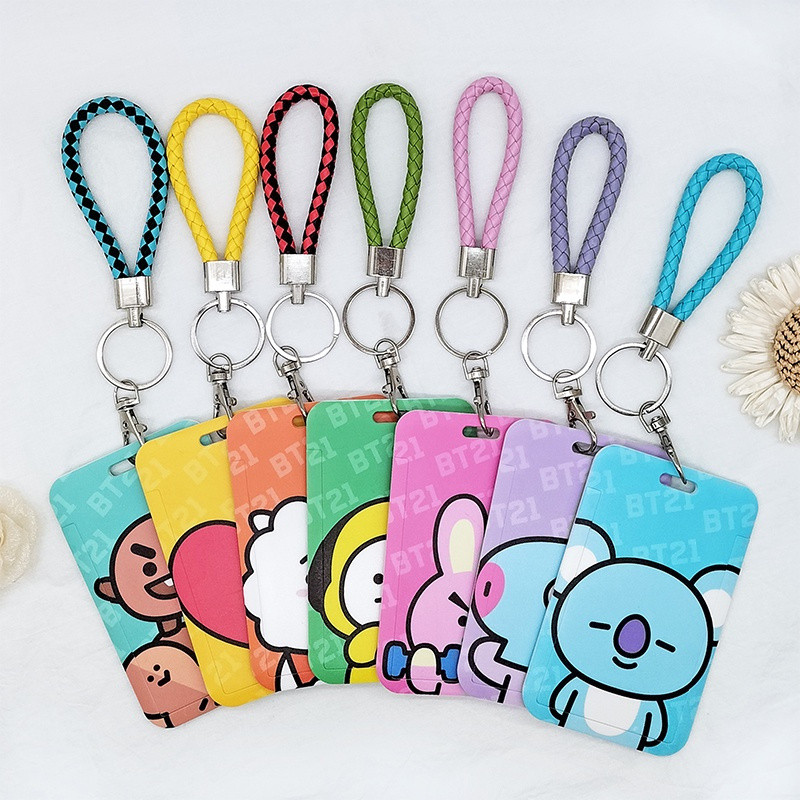 BTS Card Holder พร้อมพวงกุญแจหนัง PU สําหรับ ID Badge Card Protector และ Key Ring Anti-Lost Sling Card Cover