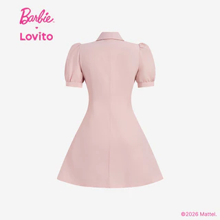 Barbie™ X Lovito แคชชวล เดรสปักลาย ผ้าฝ้าย 100% ติดกระดุม สีชมพู สำหรับผู้หญิง ฤดูใบไม้ผลิ/ฤดูร้อน เกาหลี อินเทรนด์ LB1AD025