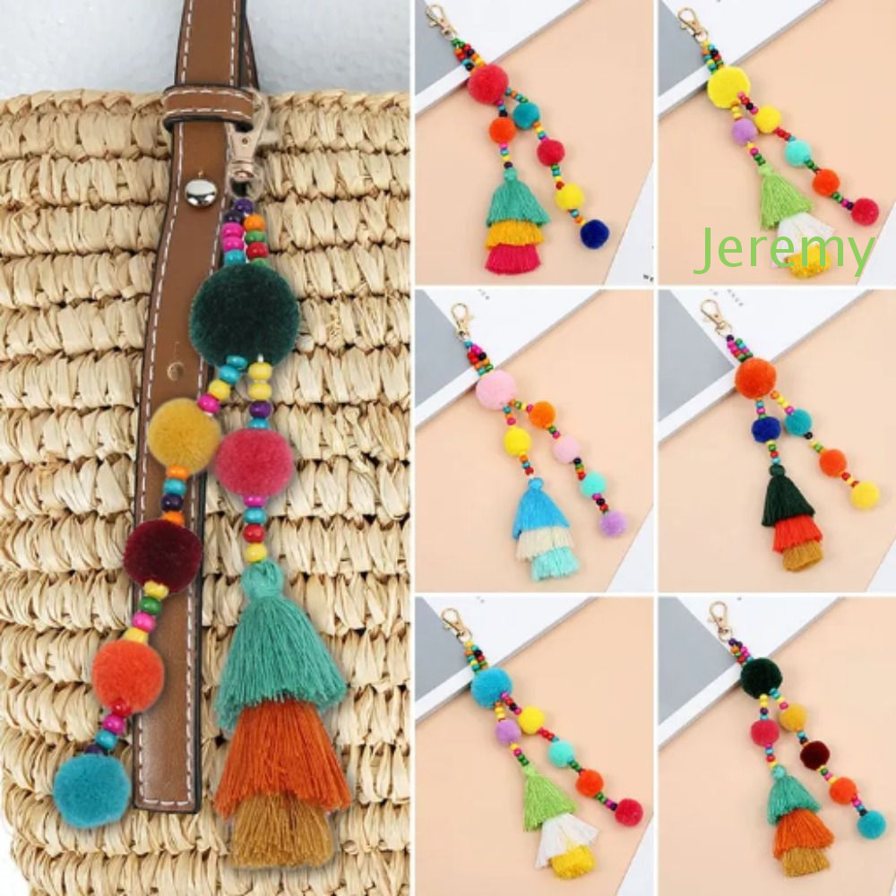 JEREMY1 Boho สไตล์ผม Ball พู่พวงกุญแจ, Boho สไตล์พู่ Boho พวงกุญแจ, Boho เครื่องประดับ Pom Pom Handm