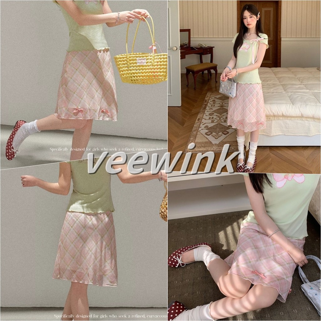 Veewink กระโปรงสั้นเอวสูงลายสก็อตสีชมพูอ่อน เนื้อชีฟองบางเบา ทรงเอ สไตล์ลำลอง ใส่สบาย แมทช์ง่าย