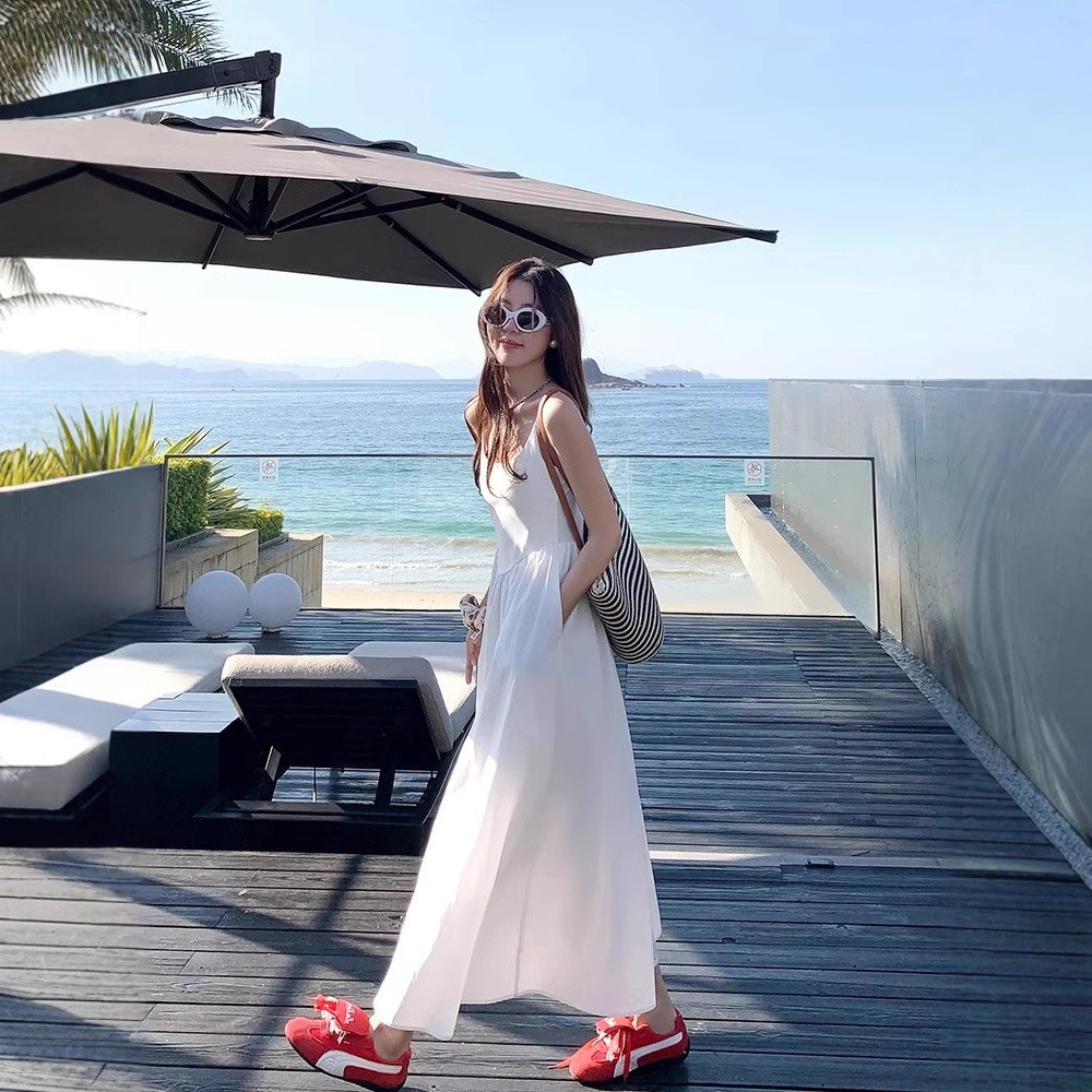 สีขาวอ่อนโยนแคบ-เอวชุดสลิงวันหยุดสไตล์หวานสวมใส่SlimmerดูกระโปรงยาวY26.04.29 V7NO