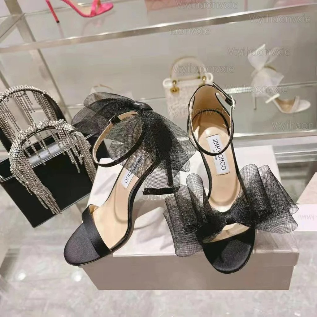 1:1！Original Label J ~ C Gauze Bow Heel Shoes Women Stiletto Strap Open Toe Excellent Heel Sandals