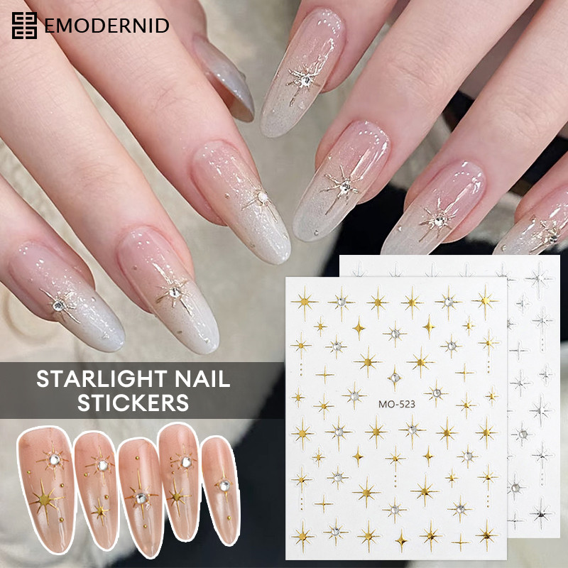 3D Rhinestones Gold Silver Star Moon Bronzing สติ๊กเกอร์ติดเล็บ Retro Boho สไตล์ Line Design กาว Slider Decals-em