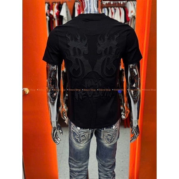 RR26 Mens Rock Round Neck เสื้อยืดสีดํา ปักเต็ม ผ้าฝ้ายยืด 2 ทาง แบบมาตรฐาน ViP