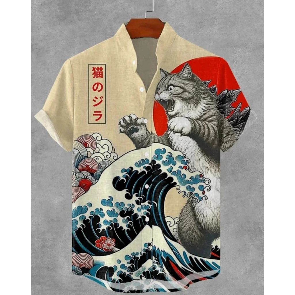 ผู้ชายSamuraiเสื้อฮาวายสบายๆแขนสั้นเสื้อผ้าหลวมแฟชั่นRetroฤดูร้อนเสื้อSC7D