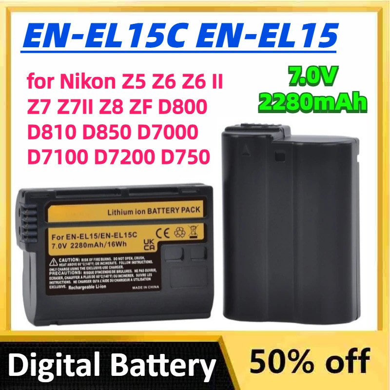 7.0V 2280mAh EN-EL15C EN-EL15 EN-EL15A แบตเตอรี่ดิจิตอลสําหรับ Nikon Z5 Z6 Z6 II Z7 Z7II Z8 ZF D800 
