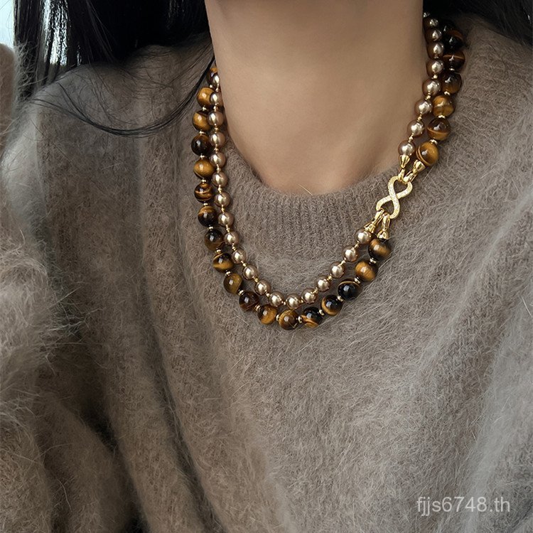ฤดูใบไม้ร่วงฤดูหนาว Tiger Eye Dollar สไตล์ใหม่ Double-Layer สีน้ําตาล Pearl เสื้อกันหนาว Niche Mocha